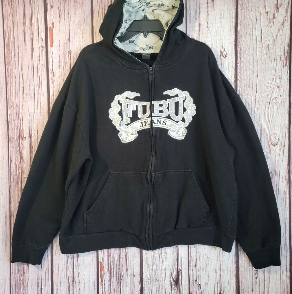 Vintage FUBU XXL 90s Sparkly Rhinestone Logo Cotton Hoodie Full Zip Mens Black